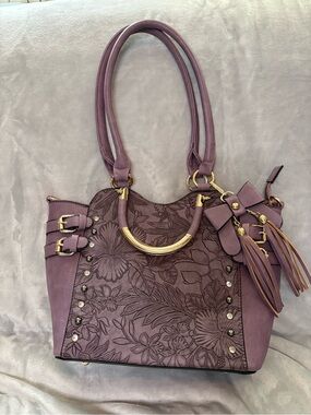 Temptation Italy Mauve Floral Embossed Tote Bag with Gold Accents